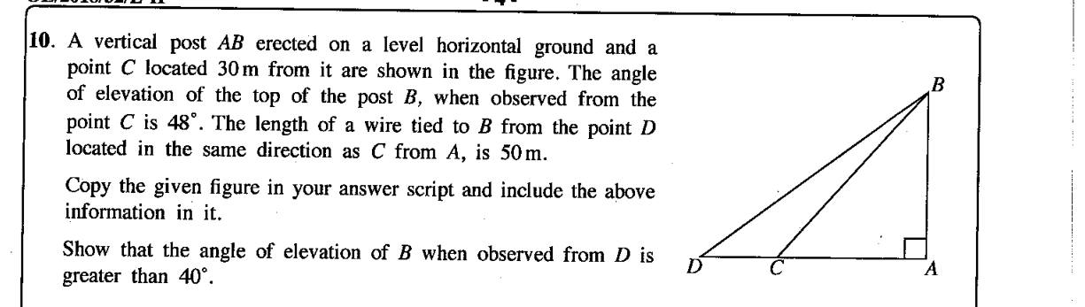 Paper II Part B Q10: Angle of elevation from a farther point using tan and sin