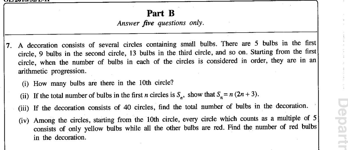 Paper II Part B Q7: Arithmetic progression of bulbs: nth term, sum formula, sub-progression