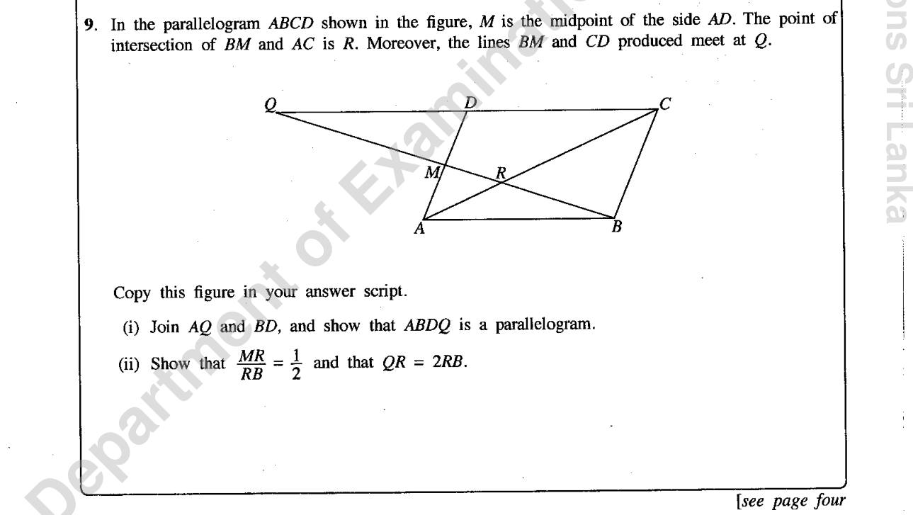 Paper II Part B Q9: Parallelogram proof by congruence; ratio from equiangular triangles