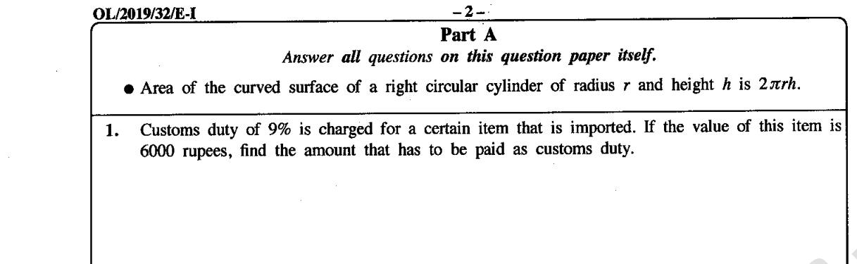 Paper I Part A Q1: Customs duty as a percentage of an item's value