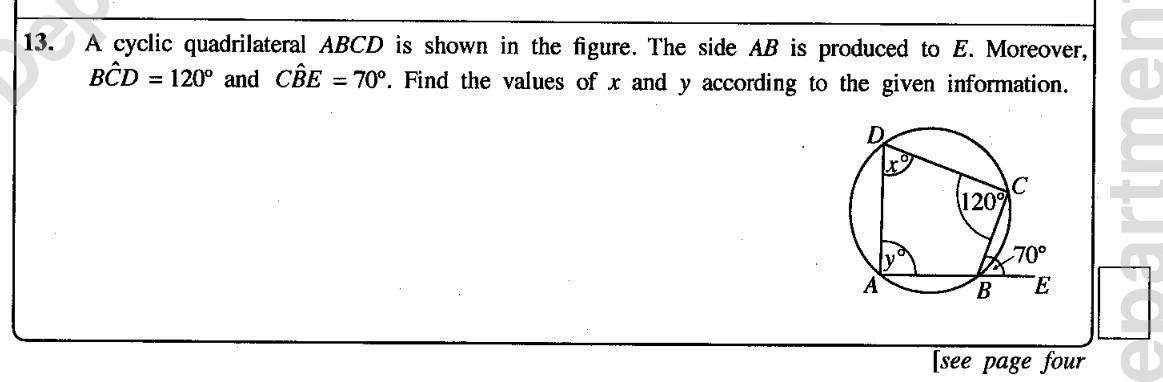 Paper I Part A Q13: Angles of a cyclic quadrilateral with an exterior angle