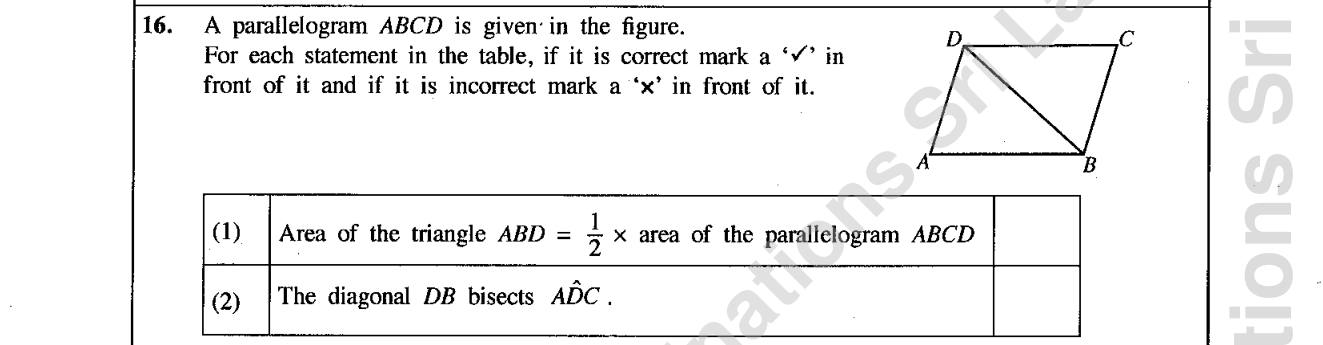 Paper I Part A Q16: True or false on a parallelogram's diagonal