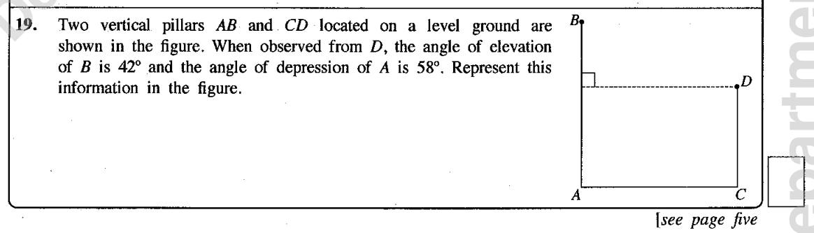 Paper I Part A Q19: Mark angles of elevation and depression between two pillars