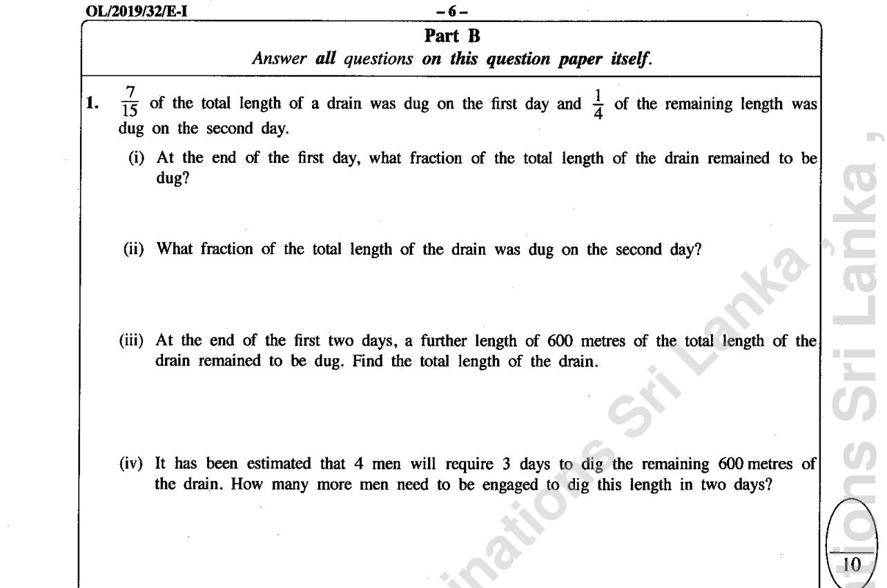 Paper I Part B Q1: Fractions of a drain dug over two days; total length; extra workers
