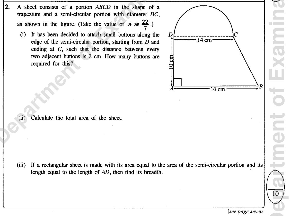 Paper I Part B Q2: Semicircle and trapezium: buttons along an arc, total area, equal rectangle