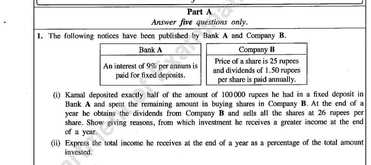 Paper II Part A Q1: Compare fixed-deposit interest with share dividends and capital gain