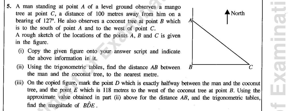 Paper II Part A Q5: Bearings sketch and trigonometric tables for a distance and an angle