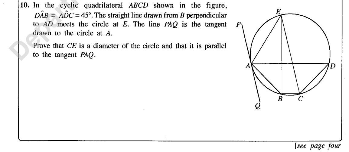 Paper II Part B Q10: Prove a chord is a diameter and parallel to a tangent