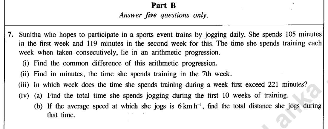 Paper II Part B Q7: Arithmetic progression of training times: term, first week over a value, sum, distance