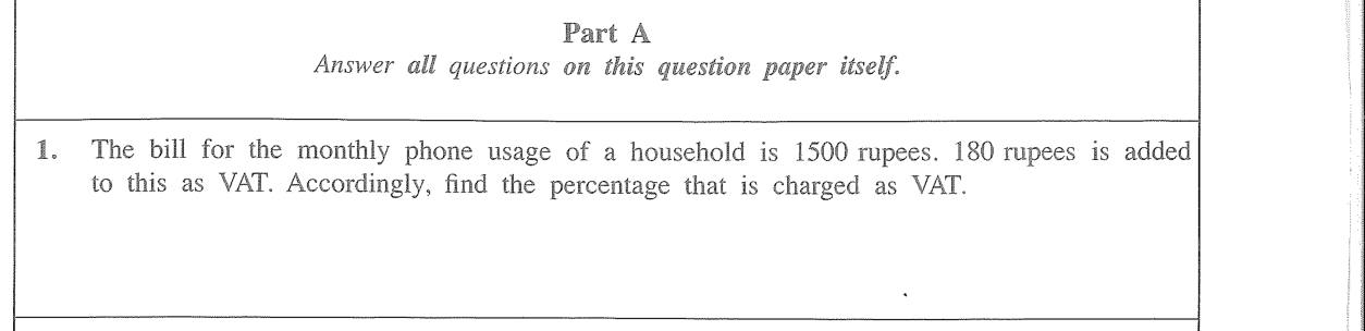 Paper I Part A Q1: VAT percentage from the tax added to a bill