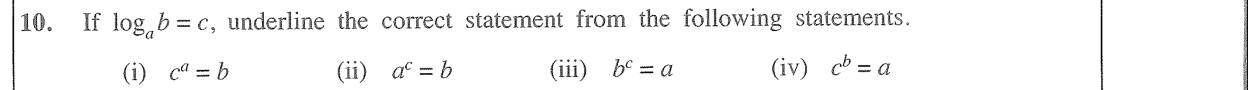 Paper I Part A Q10: Choose the index form of a logarithm statement