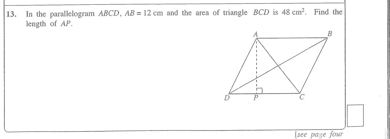Paper I Part A Q13: Height of a parallelogram from a triangle's area