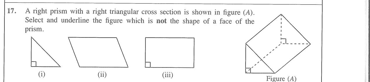 Paper I Part A Q17: Pick the shape that is not a face of a prism