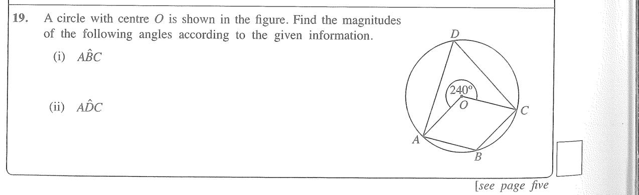Paper I Part A Q19: Angles at the circumference from a reflex angle at the centre