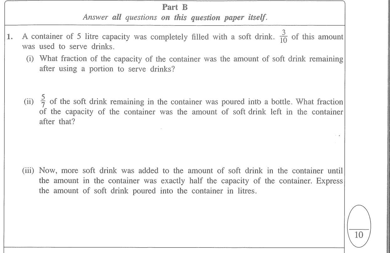 Paper I Part B Q1: Fractions of a container of soft drink; litres added