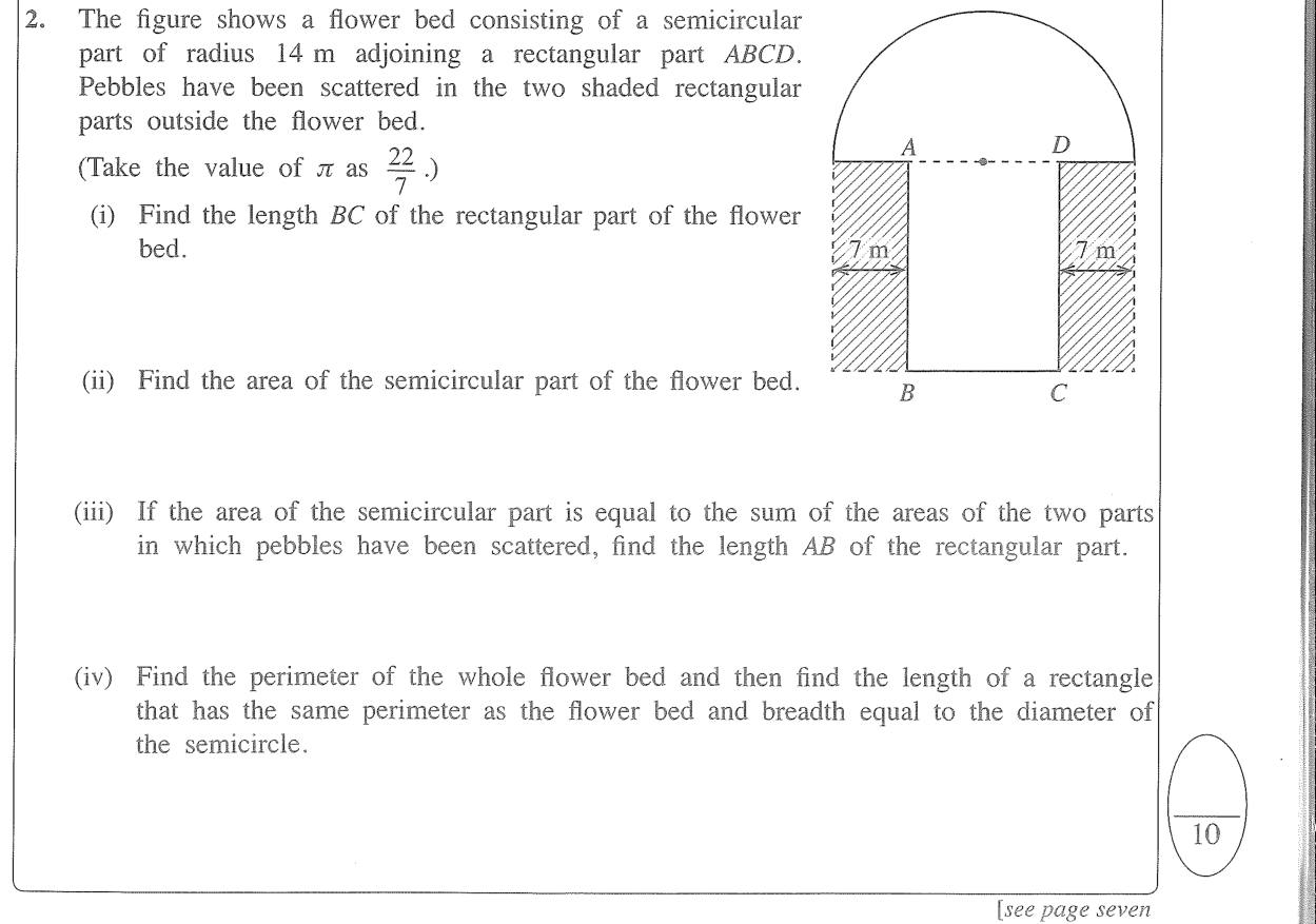 Paper I Part B Q2: Semicircle and rectangle flower bed: areas, length, perimeter