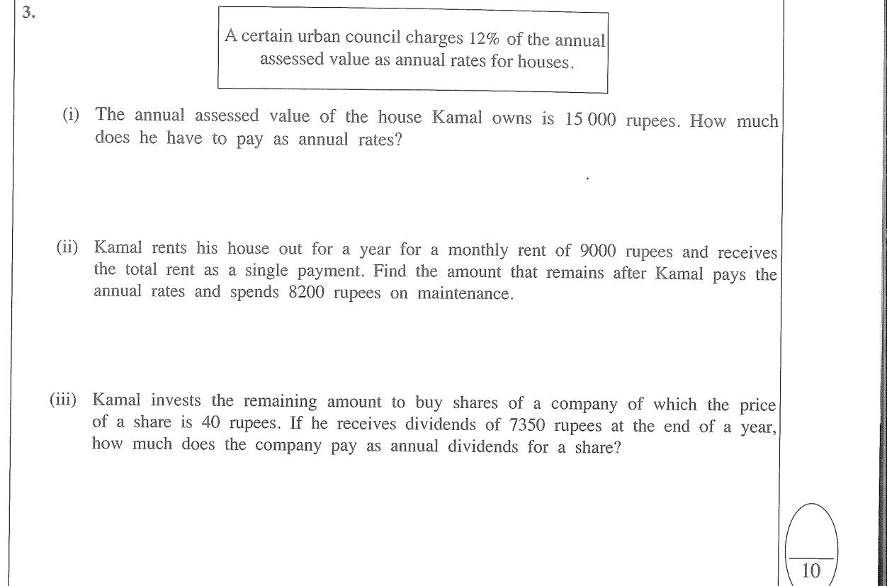 Paper I Part B Q3: Rates on a house, rent remainder, dividend per share