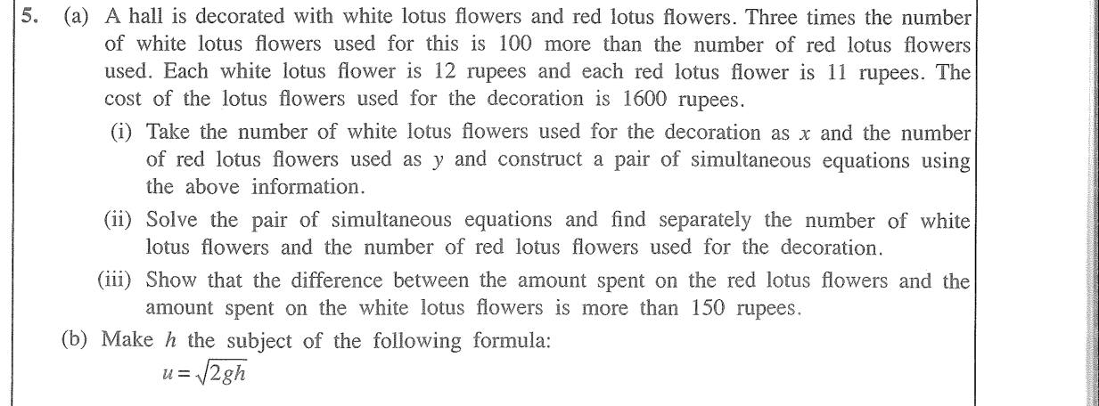 Paper II Part A Q5: Simultaneous equations for lotus flowers; make h the subject