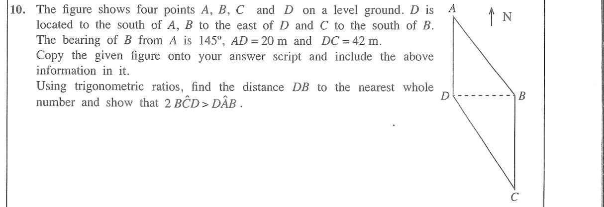Paper II Part B Q10: Bearing sketch; distance by tan and an angle by sin