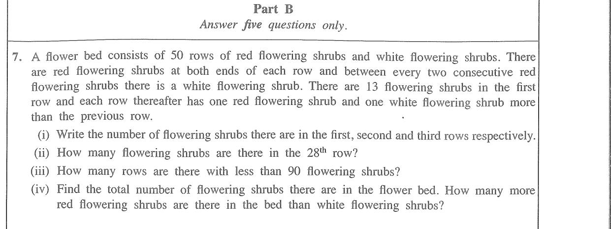 Paper II Part B Q7: Rows of shrubs as an arithmetic progression: term, count, sum