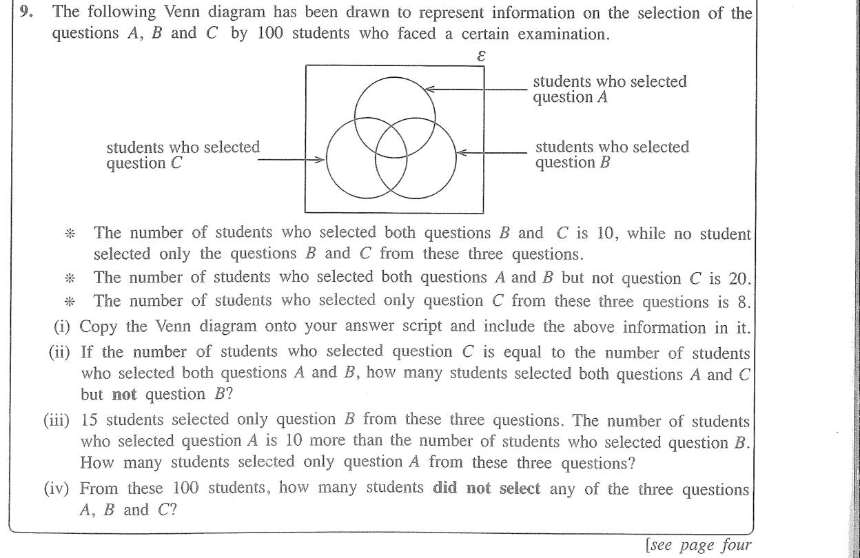 Paper II Part B Q9: Three-question Venn diagram; find several region counts