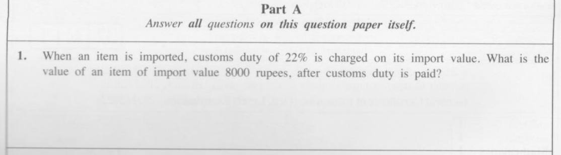 Paper I Part A Q1: Value of an item after adding a percentage customs duty