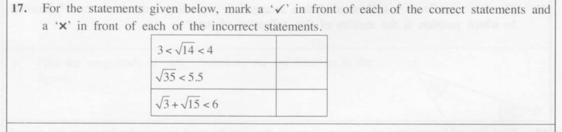 Paper I Part A Q17: Compare surds with whole numbers and decimals