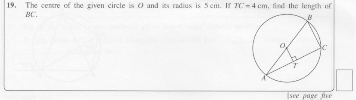 Paper I Part A Q19: Chord bisected by perpendicular from centre, angle in semicircle, Pythagoras