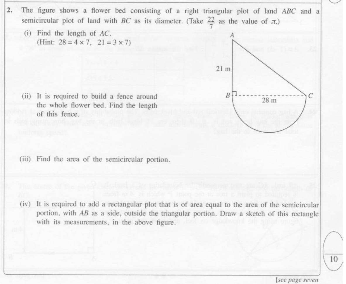 Paper I Part B Q2: Pythagoras, semicircle perimeter and area, then an equal-area rectangle