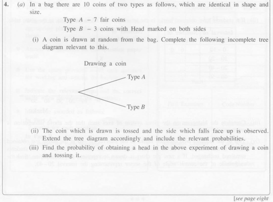 Paper I Part B Q4: Tree diagram for coins, and a grid of outcomes for two choices
