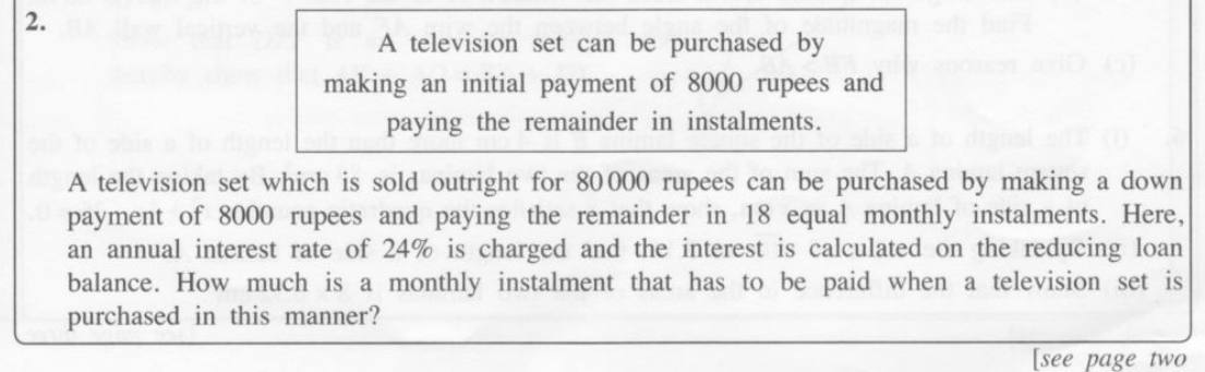 Paper II Part A Q2: Equal monthly instalments with reducing-balance interest
