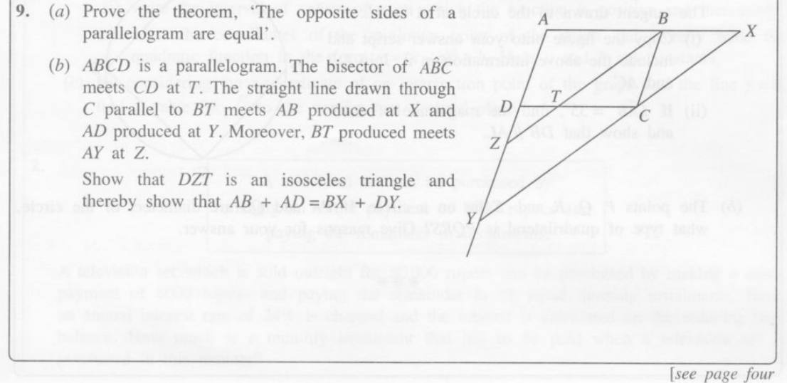 Paper II Part B Q9: Prove opposite sides of a parallelogram equal; isosceles triangle proof