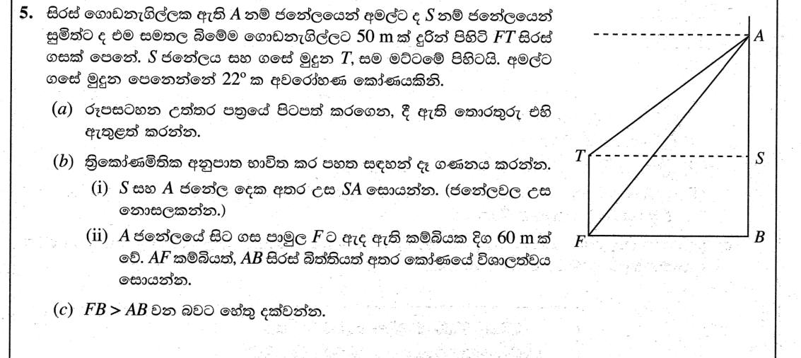 Paper II Part A Q5: Angle-of-depression sketch and trigonometric ratios