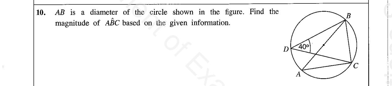 Paper I Part A Q10: Angle using a diameter and angles in the same segment