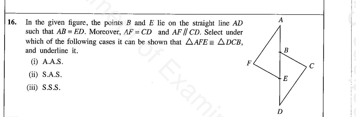 Paper I Part A Q16: Choose the congruency case for two triangles