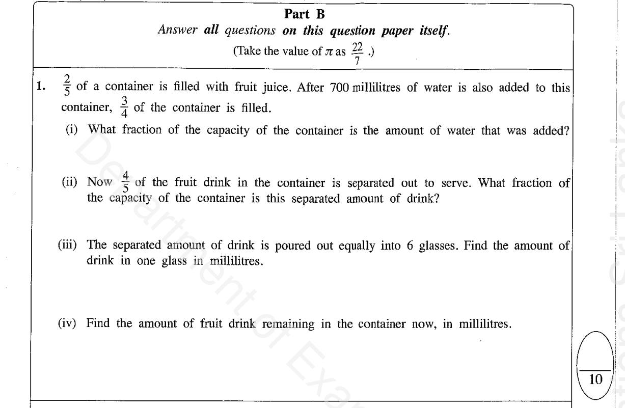 Paper I Part B Q1: Fractions of a container's capacity with juice and water