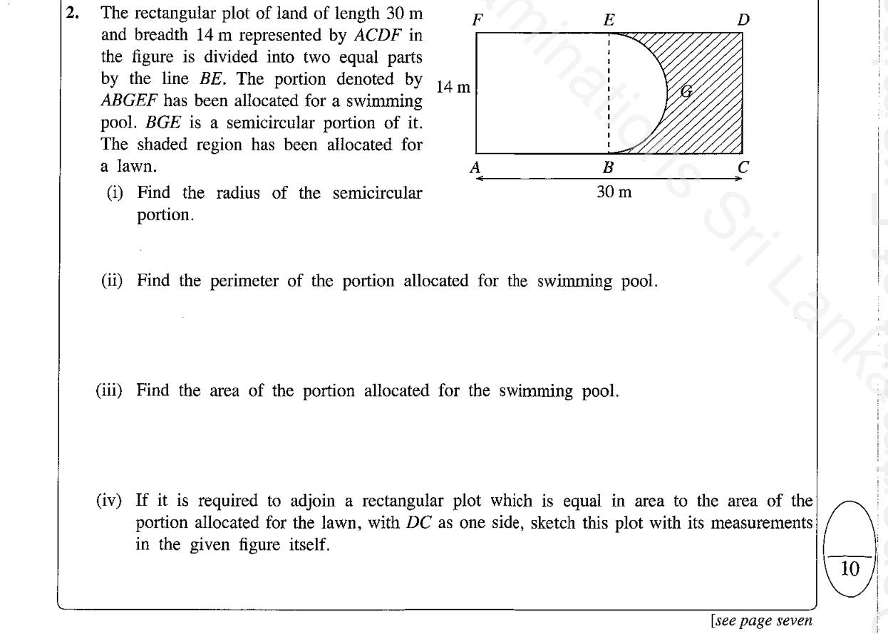 Paper I Part B Q2: Rectangle with a semicircle: radius, perimeter, area, equal-area rectangle