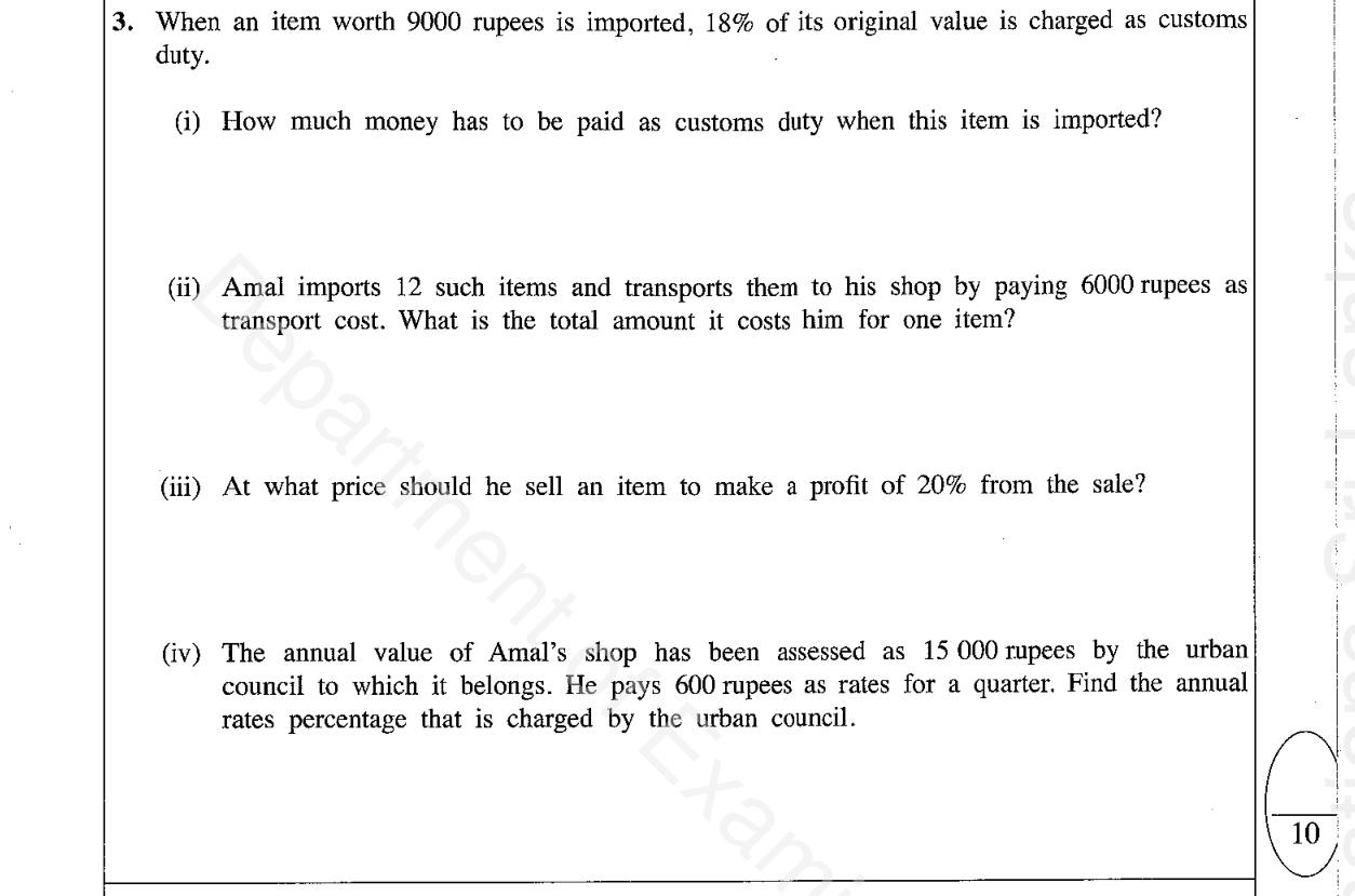 Paper I Part B Q3: Customs duty, unit cost, selling price for profit, rates percentage