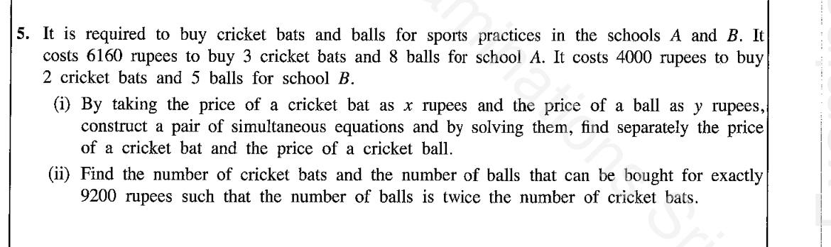 Paper II Part A Q5: Simultaneous equations for bat and ball prices; buy with a ratio