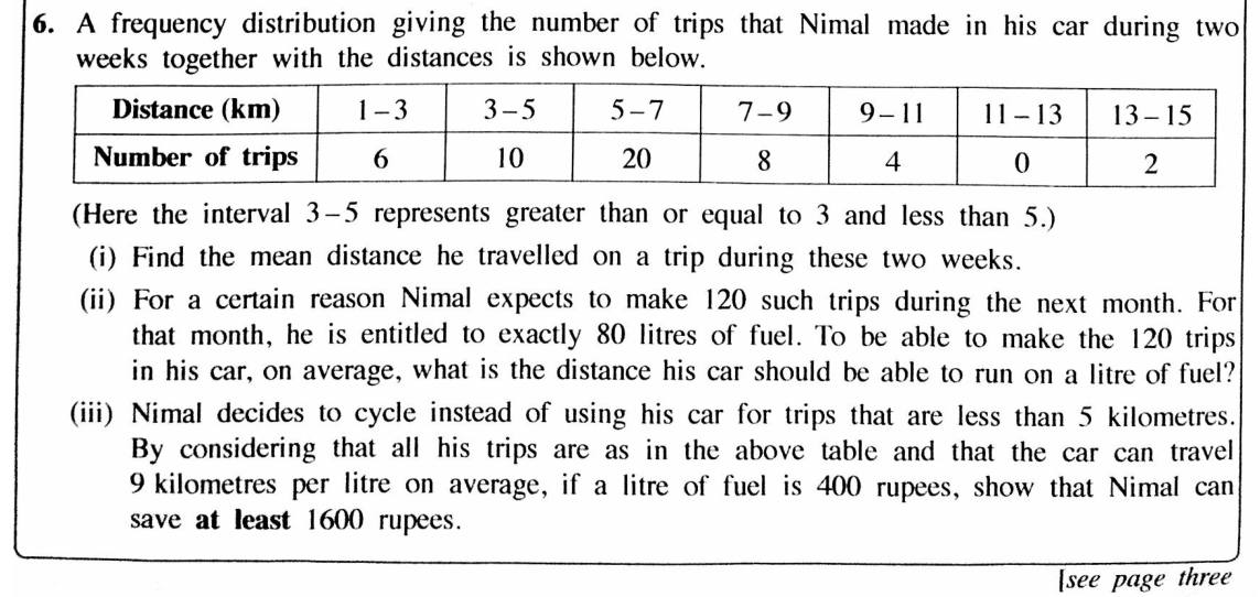 Paper II Part A Q6: Mean trip distance; fuel efficiency needed; saving by cycling