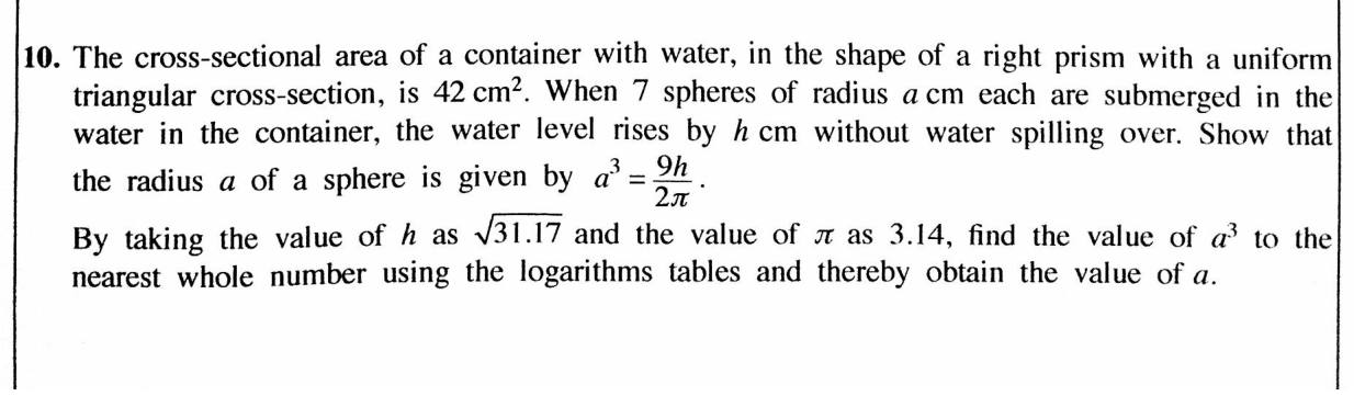 Paper II Part B Q10: Spheres submerged in a prism raise the water; formula and logs