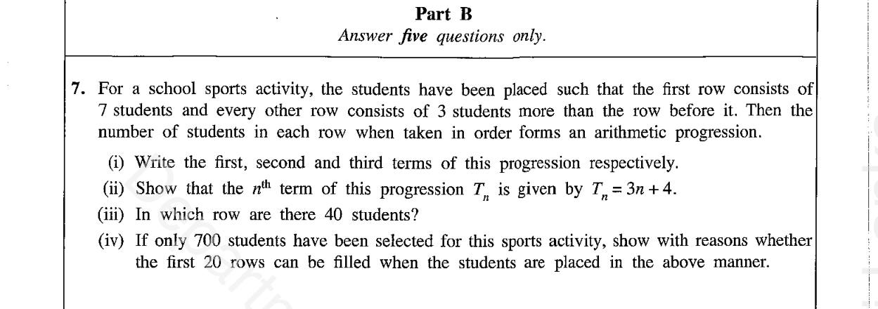 Paper II Part B Q7: AP of students in rows: terms, nth term, find n, sum check