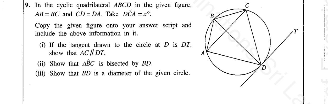 Paper II Part B Q9: Cyclic quadrilateral kite: tangent parallel, angle bisector, diameter