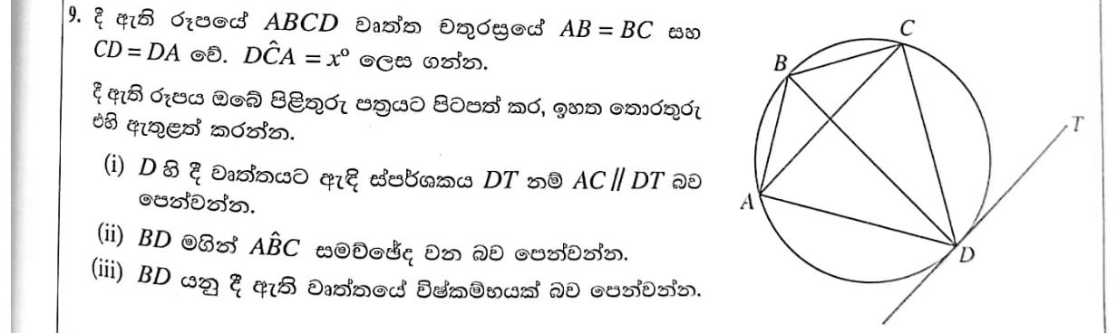 Paper II Part B Q9: Cyclic quadrilateral kite: tangent parallel, angle bisector, diameter