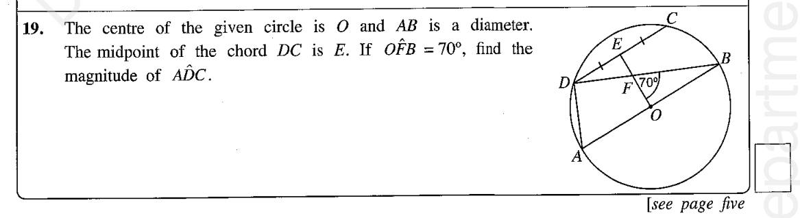 Paper I Part A Q19: Chord midpoint perpendicular and angle in a semicircle