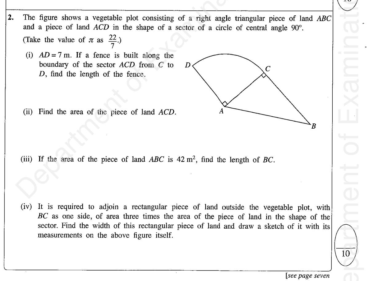 Paper I Part B Q2: Arc length, sector area, triangle area and rectangle dimensions