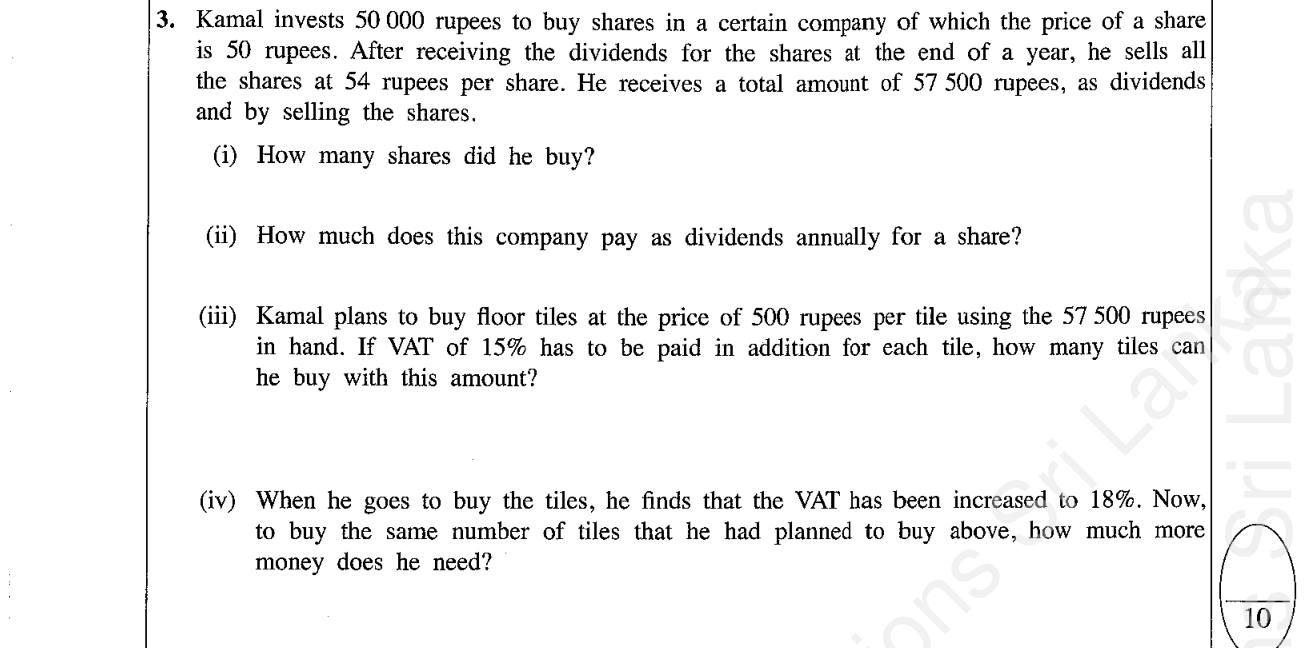 Paper I Part B Q3: Share purchase, dividend, sale, and VAT on tiles