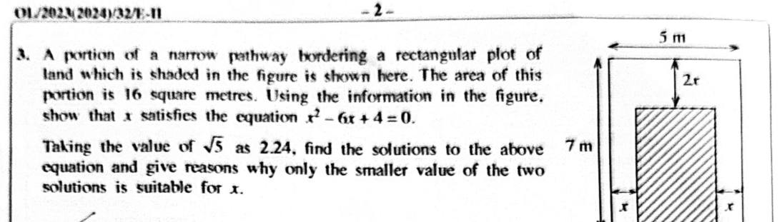 Paper II Part A Q3: Forming and solving a quadratic for a path width