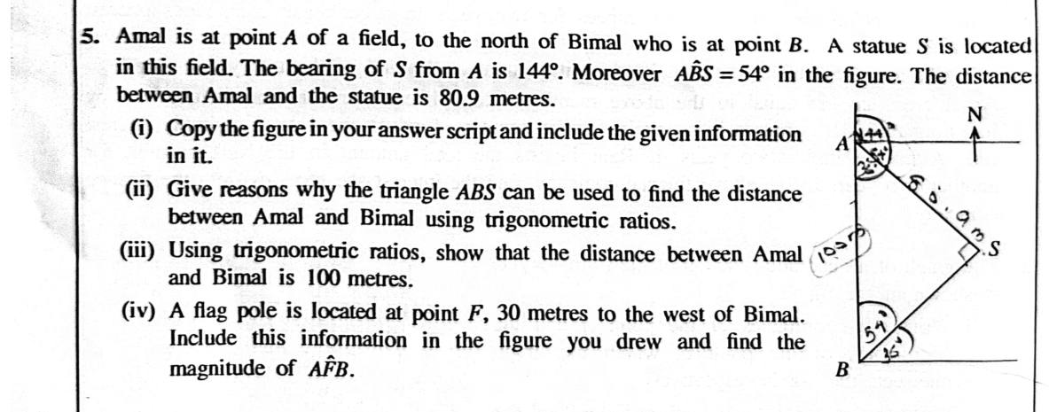 Paper II Part A Q5: Bearings and trigonometric ratios in a right-angled triangle