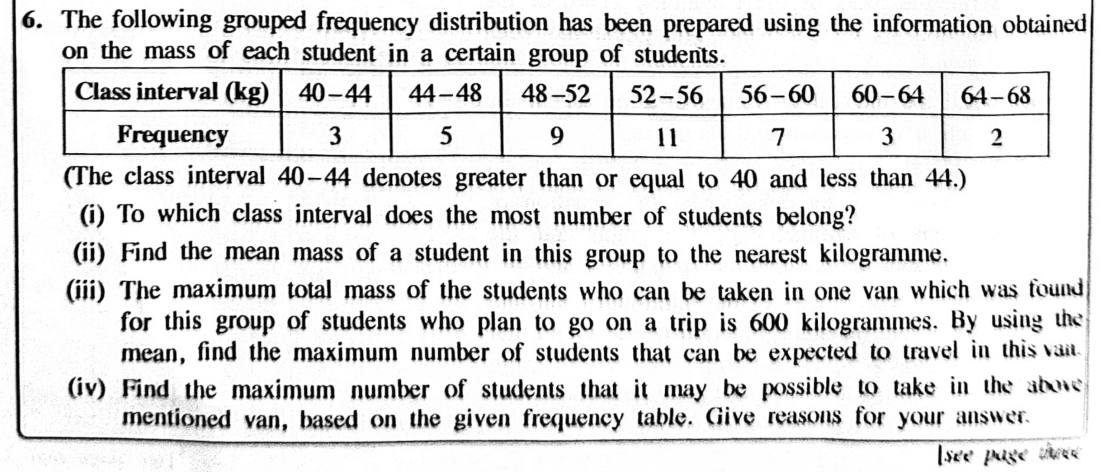 Paper II Part A Q6: Modal class and mean from a grouped frequency table